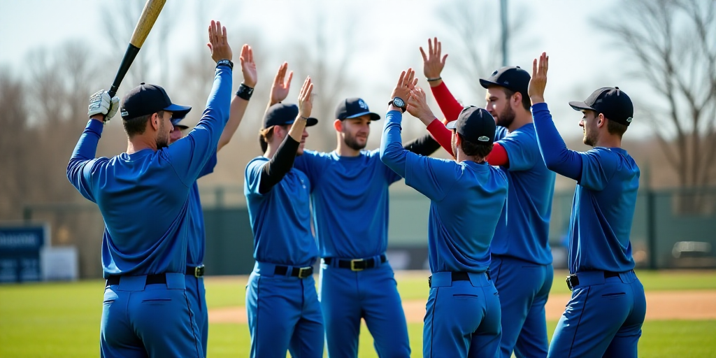 a group of baseball players standing on top of a field together holding bats and wearing blue unifor