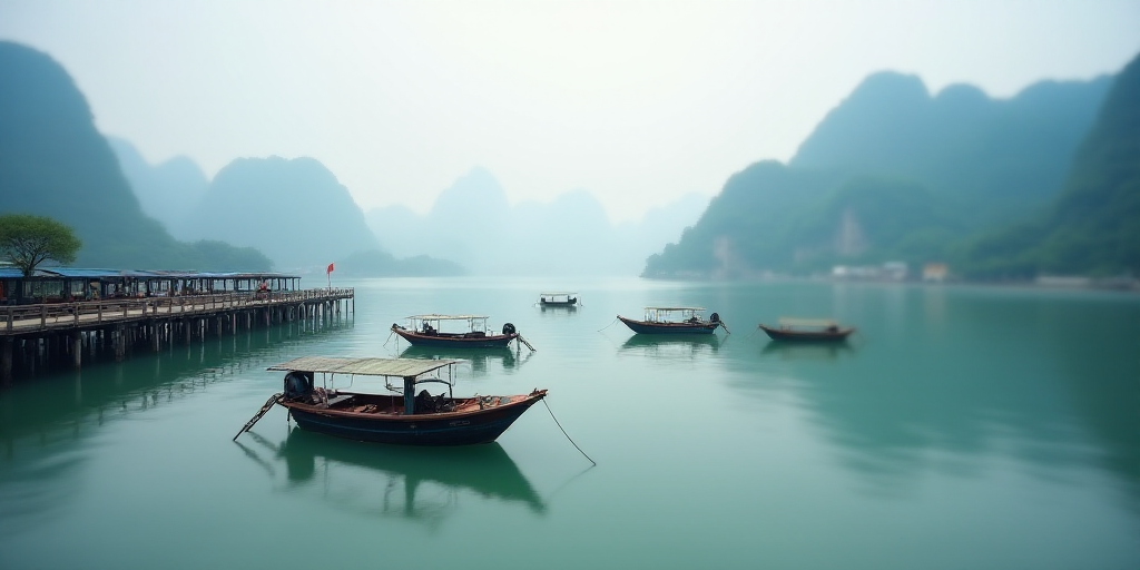 a group of boats floating on top of a body of water near a pier and a mountain in the background, Cu
