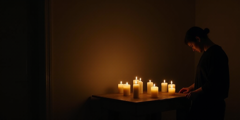 a group of candles sitting on top of a table next to a person in a dark room with a wall, Évariste