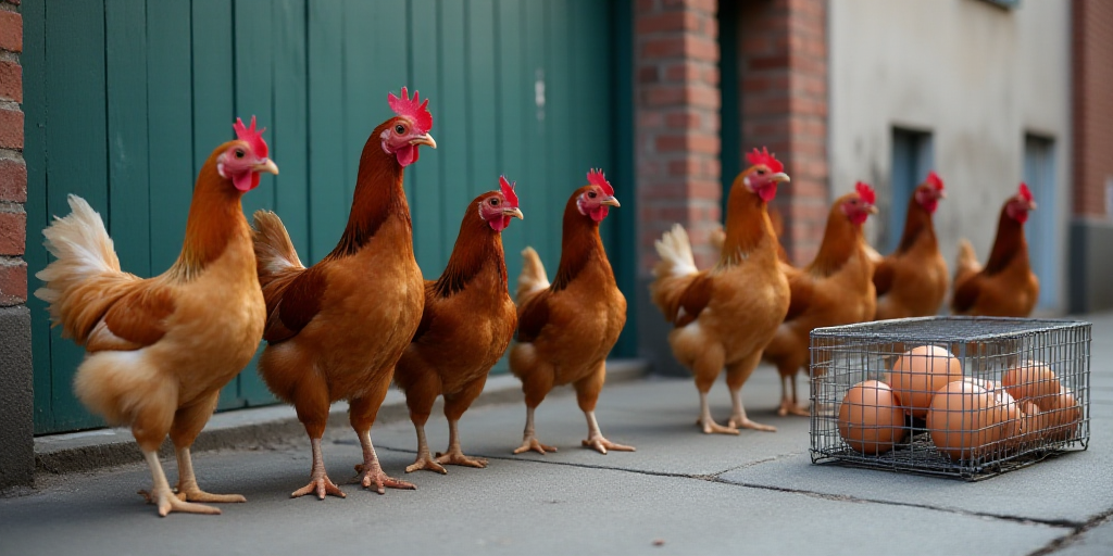 a group of chickens standing next to a metal cage filled with eggs on a sidewalk next to a building,