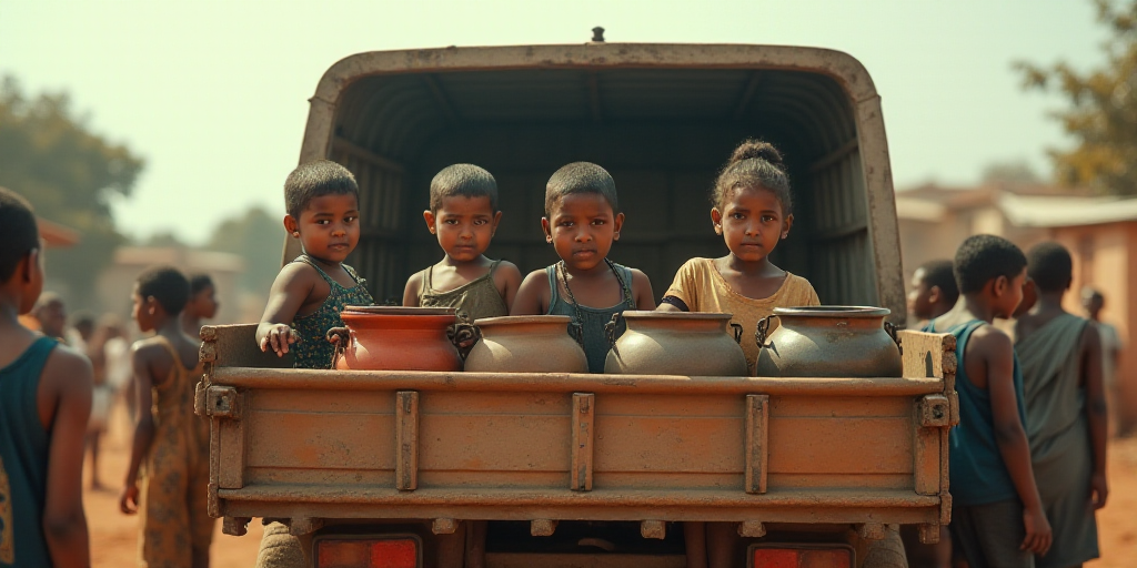 a group of children are in a truck with pots and pans on the back of it and people are standing arou
