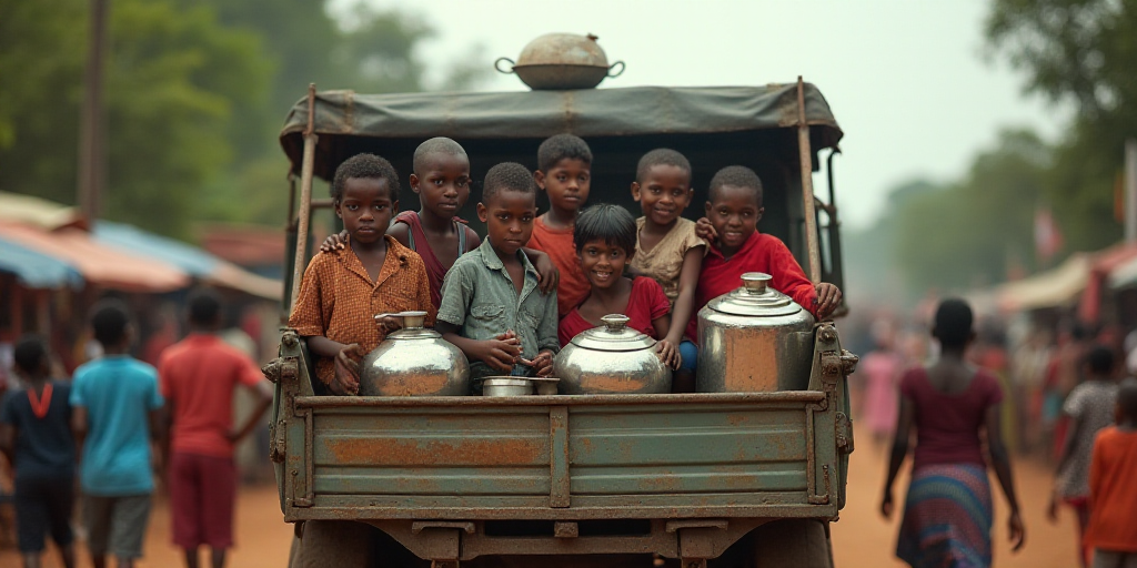 a group of children are in a truck with pots and pans on the back of it and people are standing arou