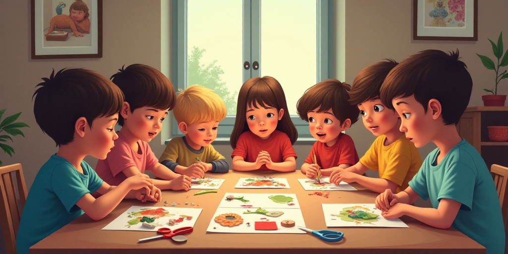 a group of children sitting around a table making crafts with scissors and tape on paper and glue on