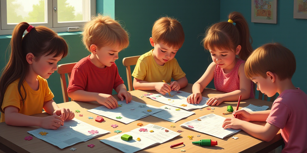a group of children sitting around a table making crafts with scissors and tape on paper and glue on