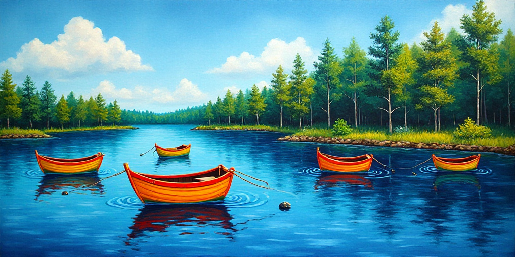 a group of colorful boats floating on top of a lake next to a forest filled with trees and a blue sk
