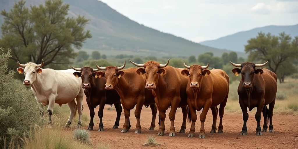 a group of cows standing in a dirt field with a mountain in the background with trees and bushes in