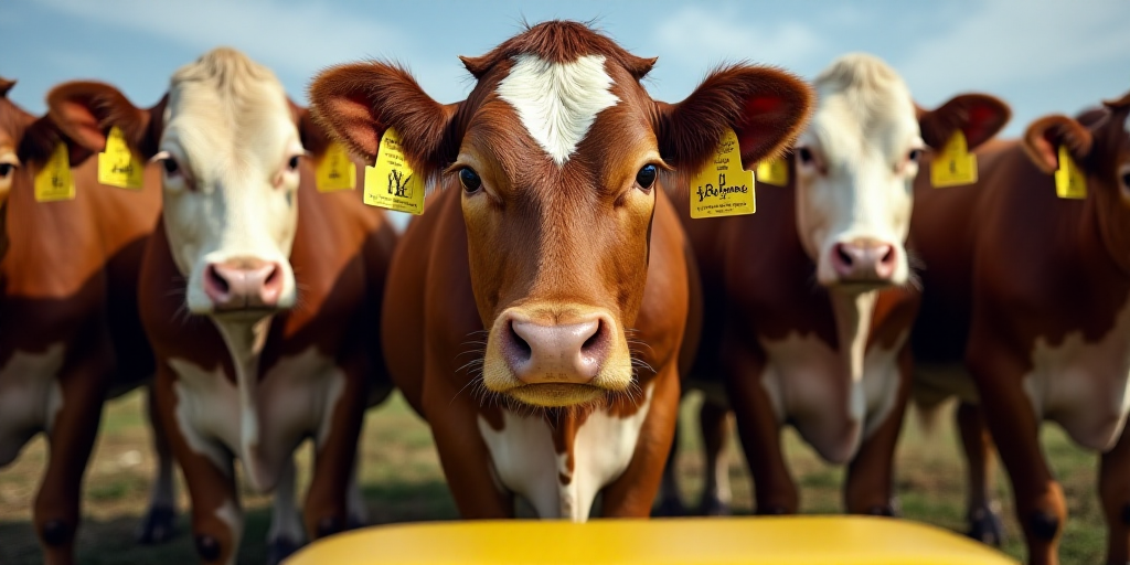 a group of cows standing in a pen with tags on their ears and ears, with a yellow object in the fore