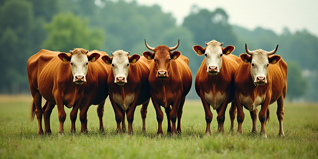 a group of cows standing next to each other on a field of grass and trees in the background, with a