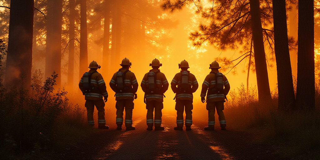 a group of fire fighters standing next to each other in front of a forest filled with trees and bush