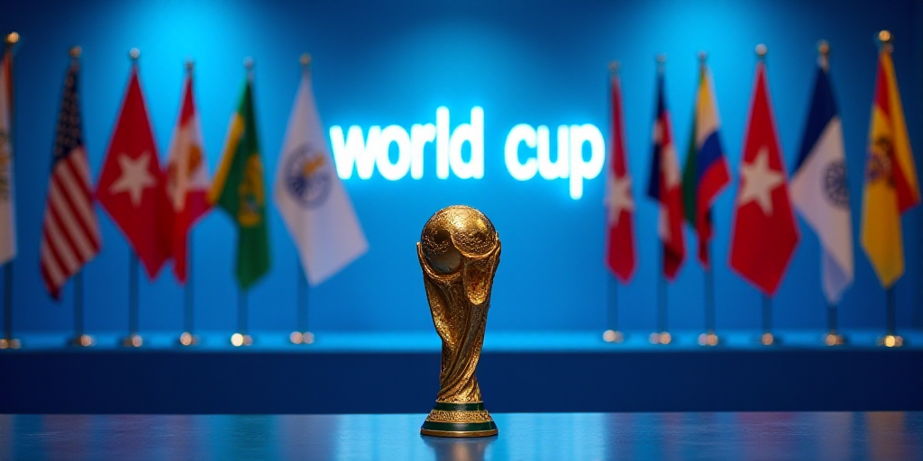 a group of flags and a trophy in front of a blue wall with a sign that says, world cup, Bernard Acca