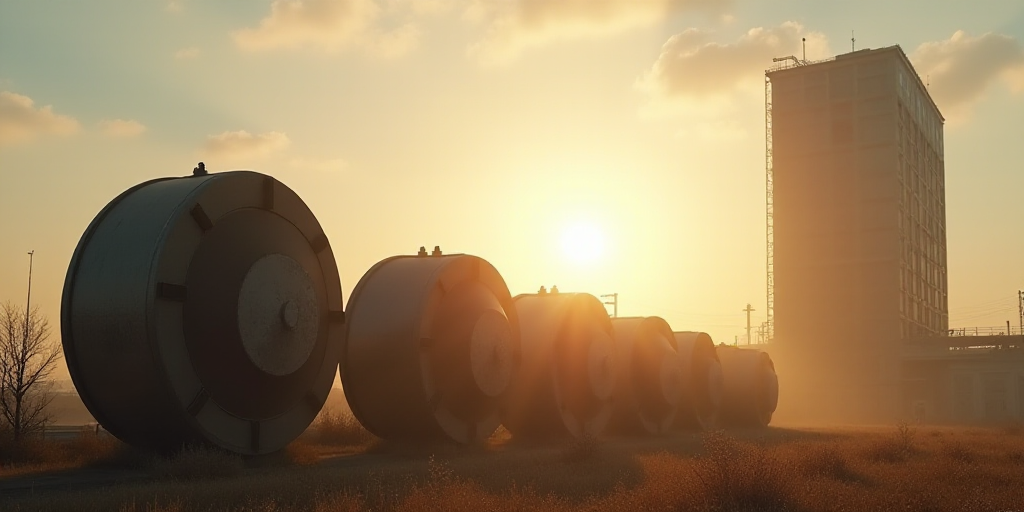 a group of large metal objects in the sun with a sky background and a building in the background wit