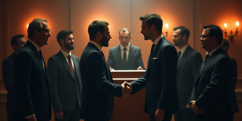 a group of men and women standing around a podium with a man in a suit shaking hands with a man in a