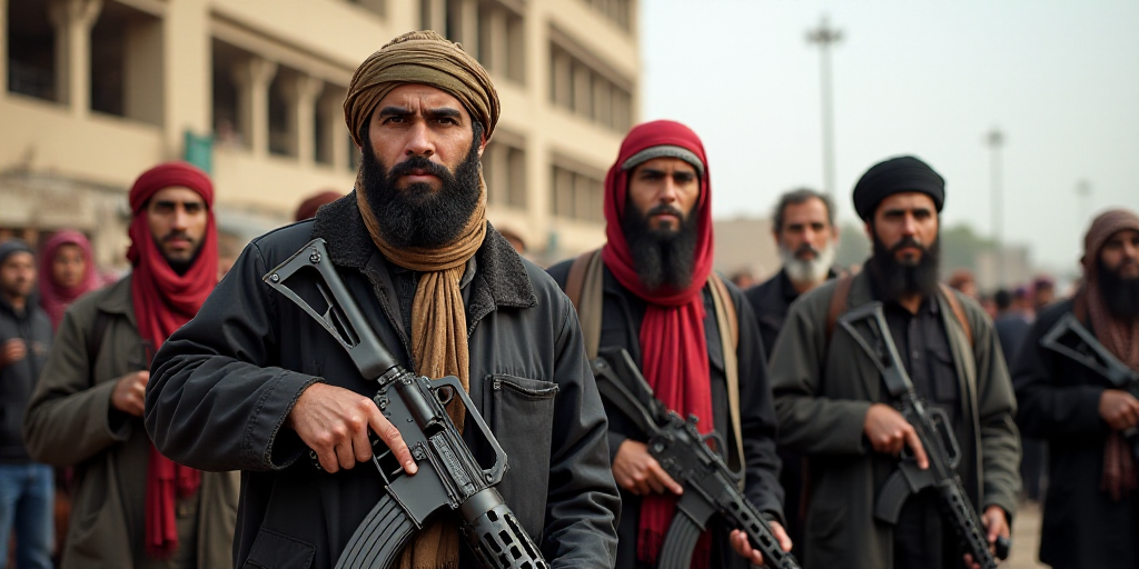 a group of men holding guns and wearing scarves and standing in front of a building with a crowd of