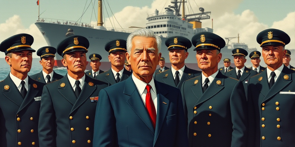 a group of men in military uniforms standing in front of a ship with a man in a suit and tie, Carl G
