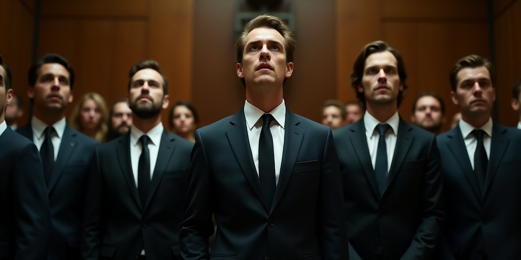 a group of men in suits and ties standing in a courtroom together, looking at something in the dista