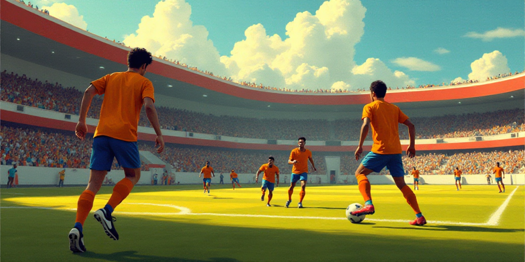 a group of men playing a game of soccer on a field with a crowd watching them from the stands, Feder