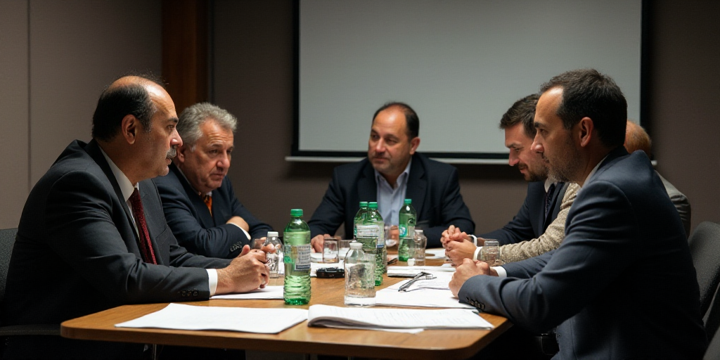 a group of men sitting around a table with water bottles on it and papers on the table in front of t