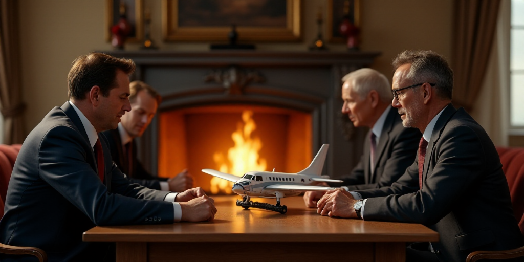 a group of men sitting around a table with a model airplane on it's table top in front of a fireplac