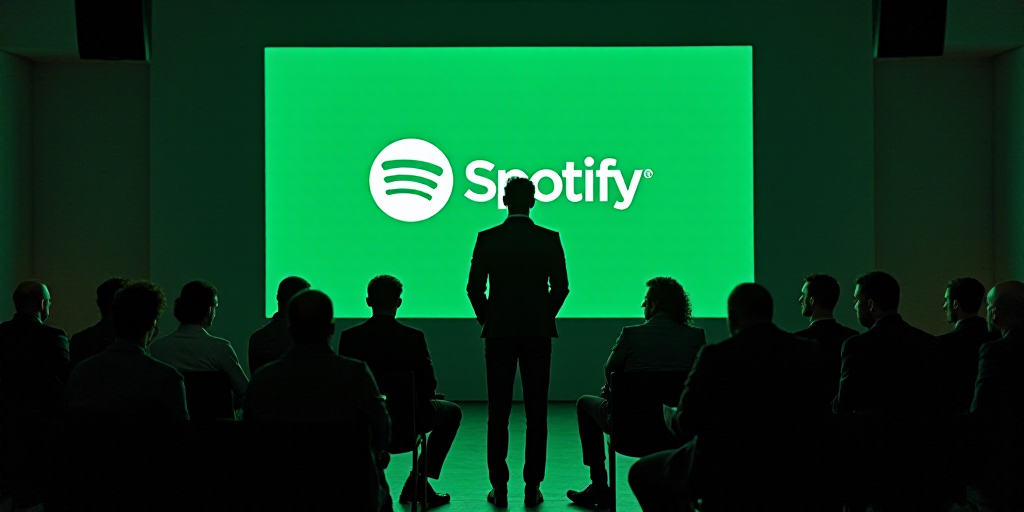a group of men sitting in front of a screen with spotify on it's screen and a man in a suit standing