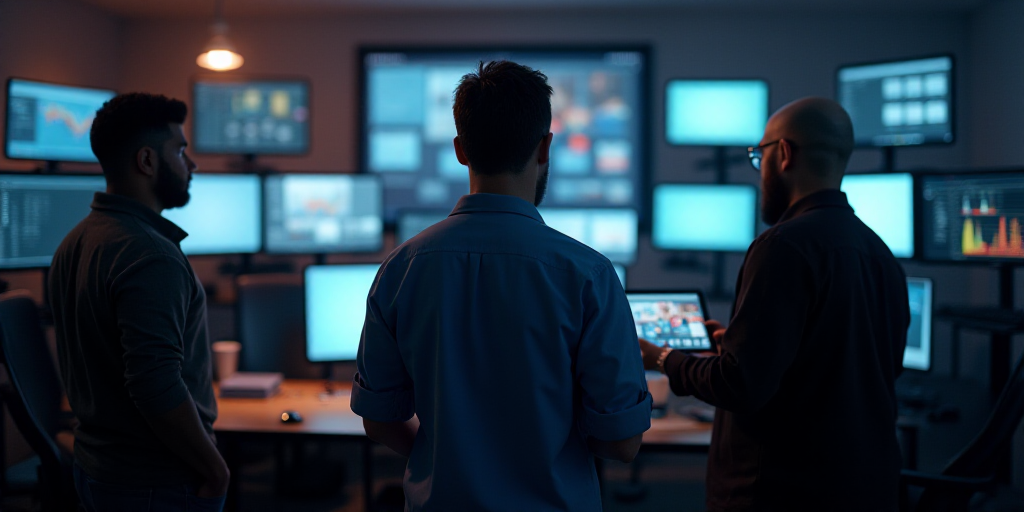 a group of men standing around a room with lots of monitors on the wall behind them and a man holdin