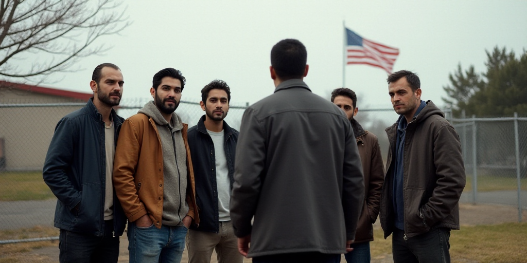 a group of men standing around each other in front of a fence and a building with a flag on it, Estu