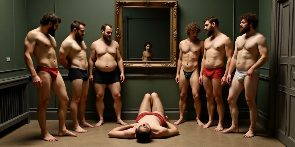 a group of men standing around a man laying on the ground in a room with a metal railing and a mirro