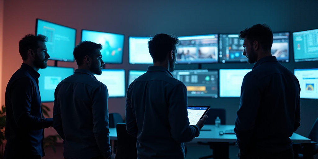 a group of men standing around a room with lots of monitors on the wall behind them and a man holdin