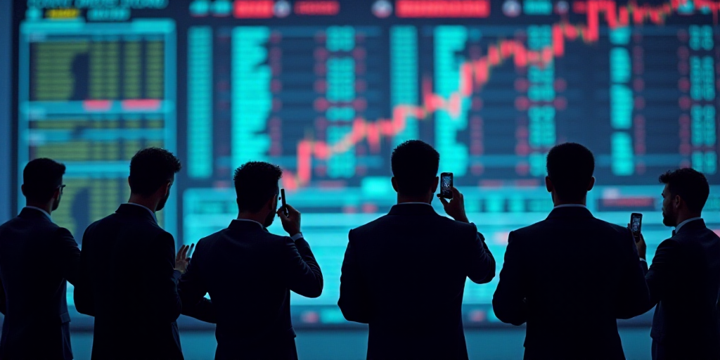 a group of men standing in front of a stock market floor looking up at their phones and pointing to