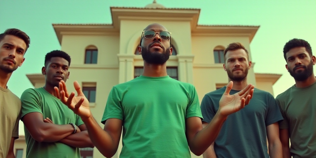 a group of men standing next to each other in front of a building with their hands out and one man w