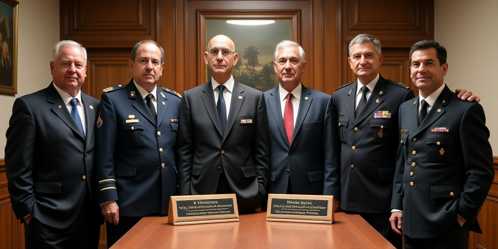a group of men standing next to each other in front of a table with two plaques on it and two men in