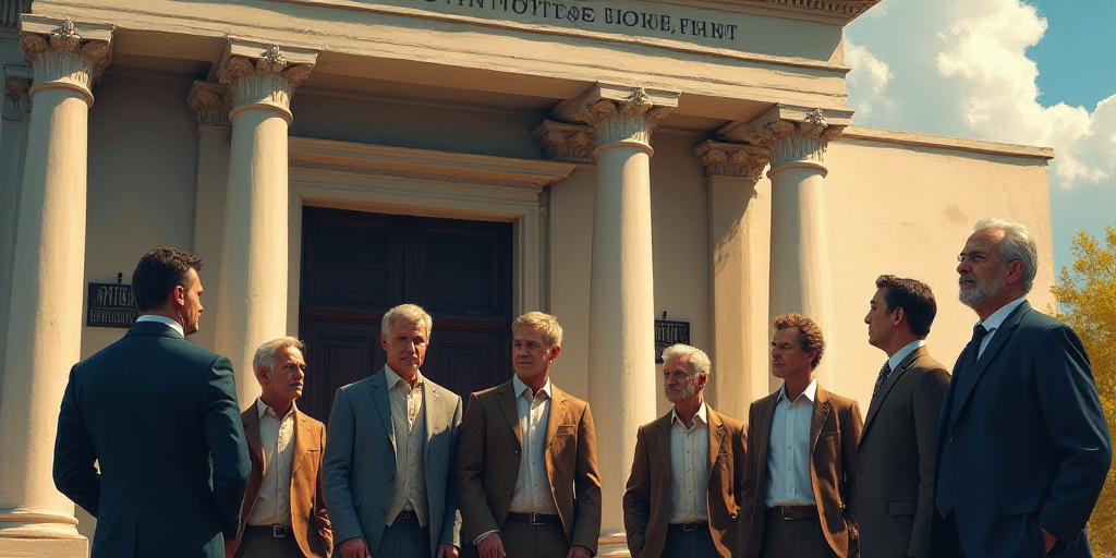 a group of men standing outside of a building with a sign that says united states court house on it,