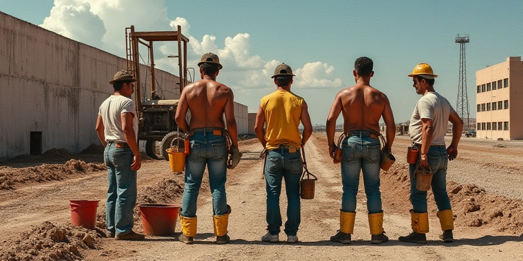a group of men working on a construction site with buckets and a machine in the background and a bui