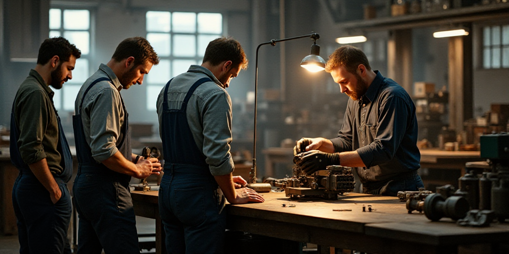 a group of men working on a machine in a factory with a man standing over a table with a machine, En