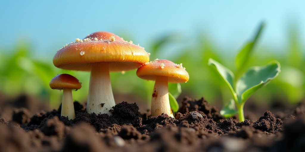 a group of mushrooms growing in the dirt in a field of green plants and dirt on the ground, with a b