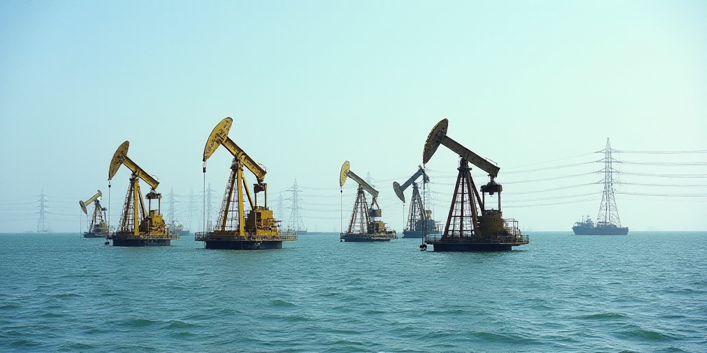 a group of oil pumps in the middle of the ocean with power lines in the background and a boat in the