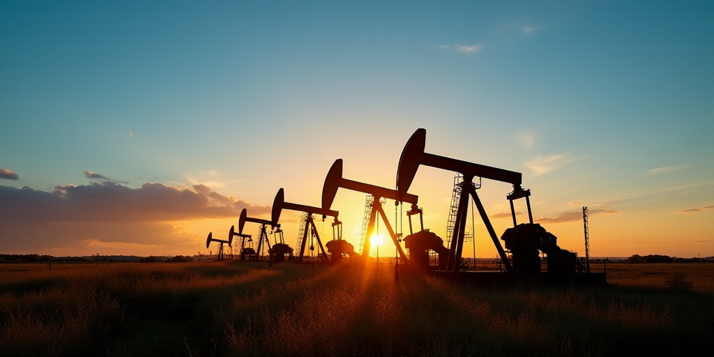 a group of oil pumps sitting next to each other on a field at sunset with a blue sky in the backgrou