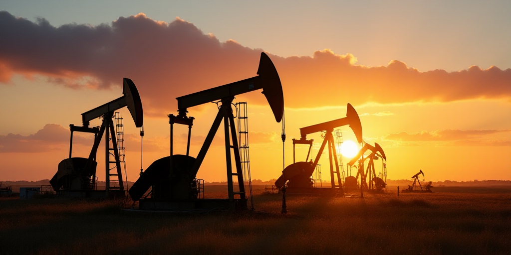 a group of oil pumps sitting next to each other on a field at sunset with a sky background and a few