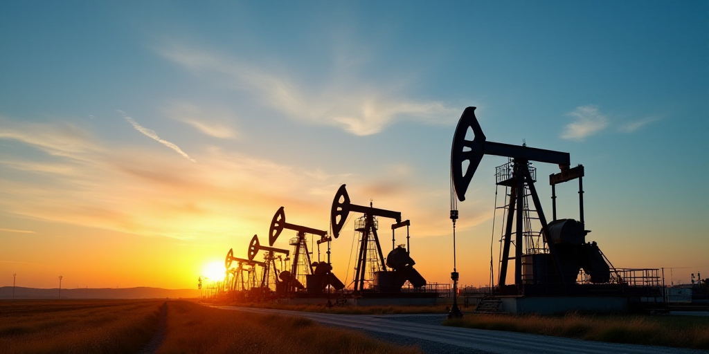 a group of oil pumps sitting next to each other on a field at sunset with a blue sky in the backgrou