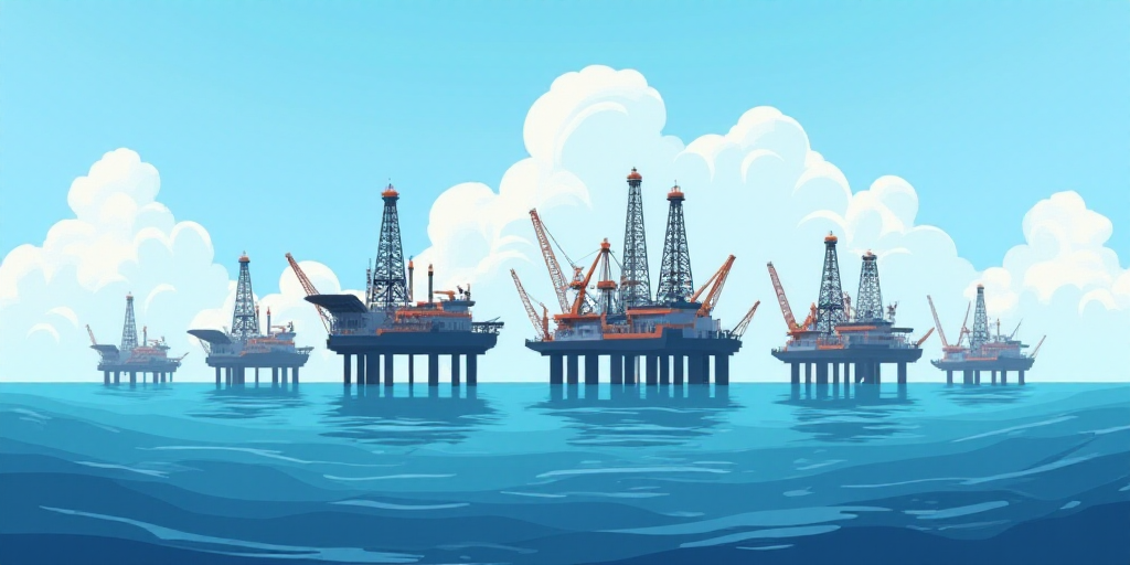 a group of oil rigs in the middle of the ocean with a sky background and a few clouds, Bascove, oil,