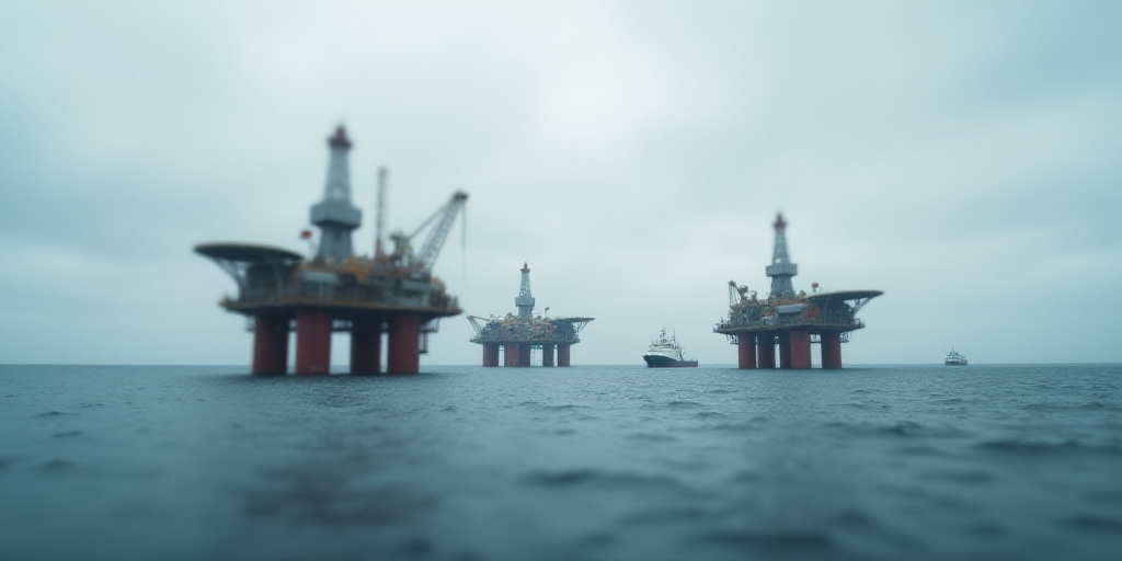 a group of oil rigs in the middle of the ocean with a boat in the background on a cloudy day, Bascov
