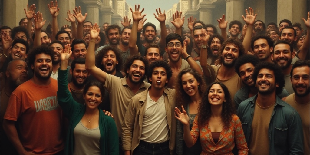 a group of people are posing for a picture together in a crowd of people, all smiling and waving, Fe