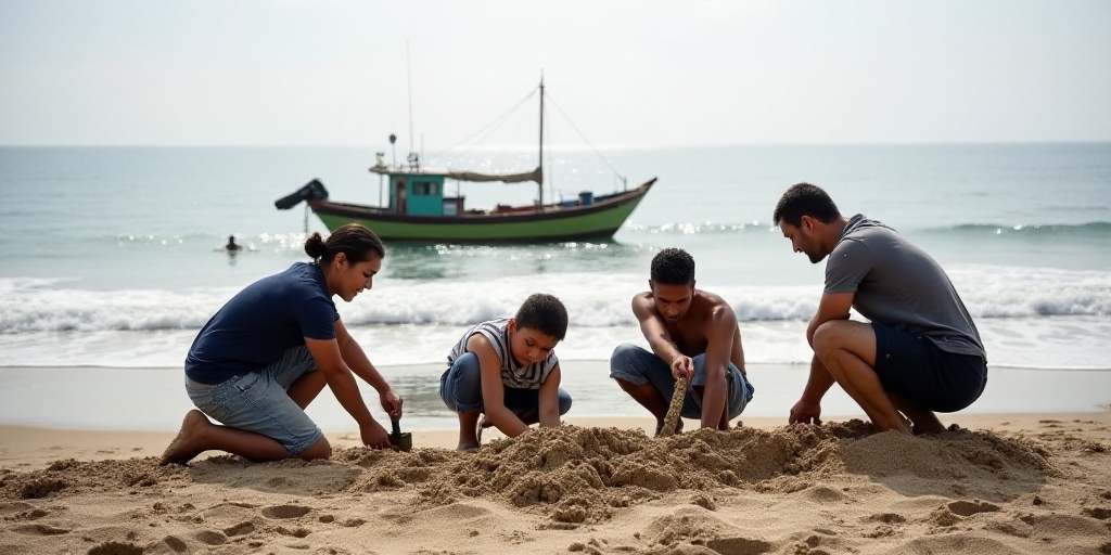 a group of people digging in the sand on a beach with a boat in the background and a boat in the wat