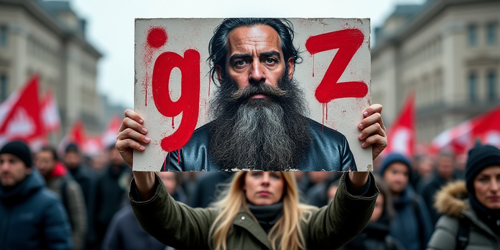 a group of people holding a sign with graffiti on it that says gaz on it and a picture of a man with