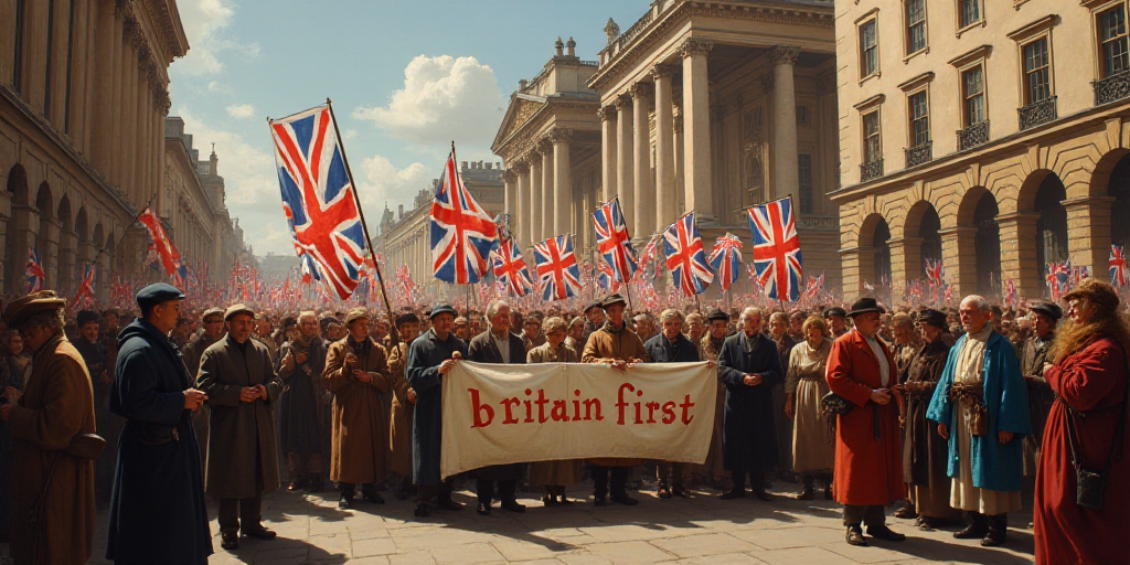 a group of people holding a sign and flags in the street with a crowd of people behind them and a ba