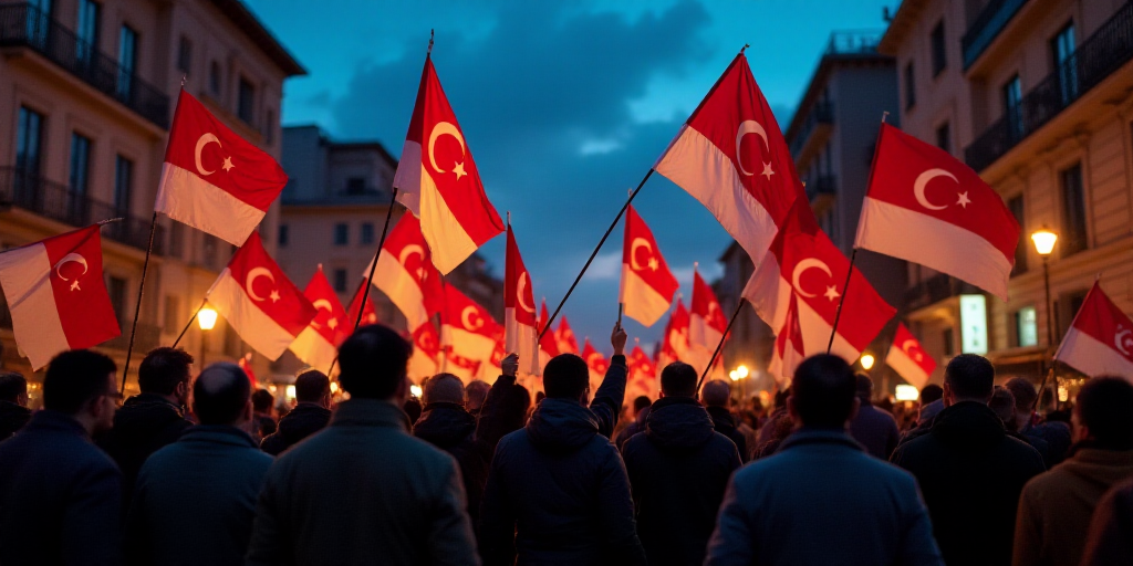 a group of people holding flags in the street at night time with buildings in the background and a b