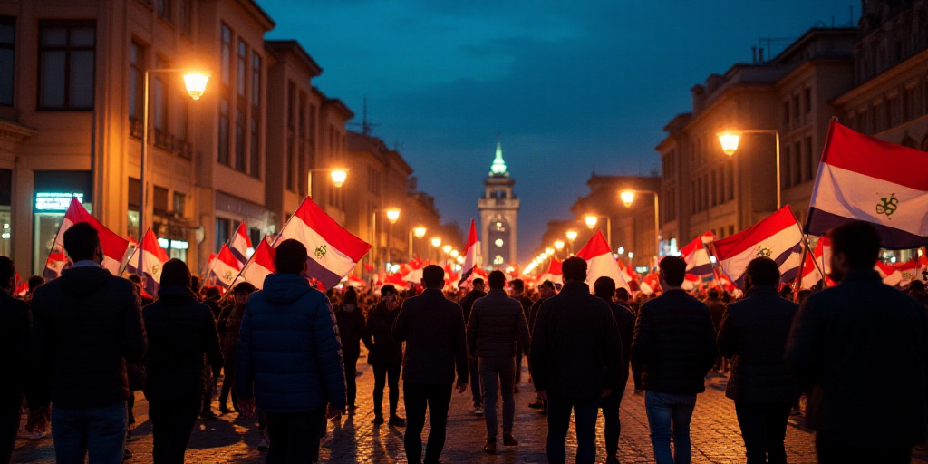 a group of people holding flags in the street at night time with buildings in the background and a b