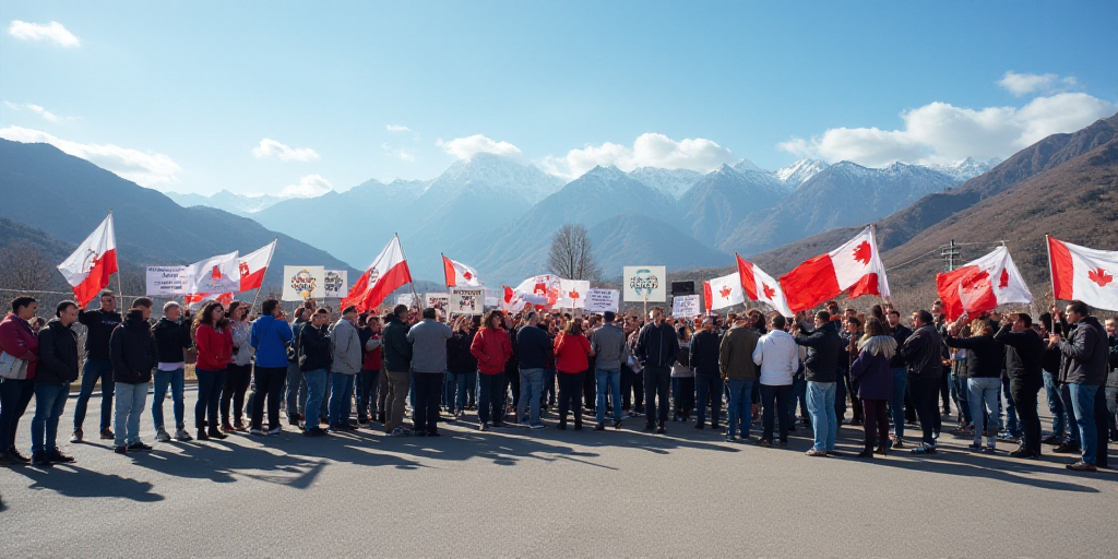 a group of people holding flags and signs in a parking lot with mountains in the background and a sk