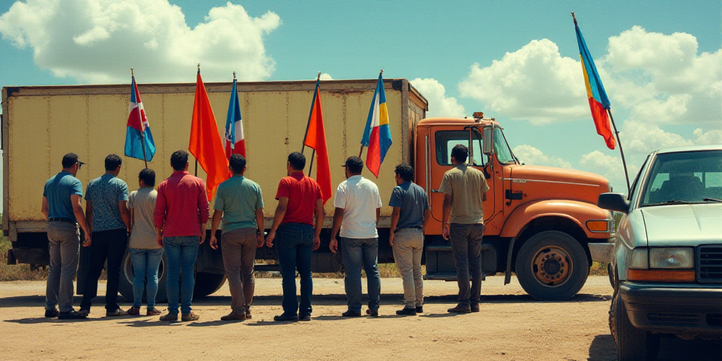 a group of people holding flags standing in front of a truck with a truck in the background and a ca