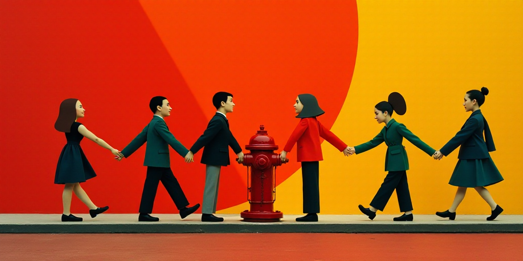 a group of people holding hands over a fire hydrant with a red background and a red and yellow backg