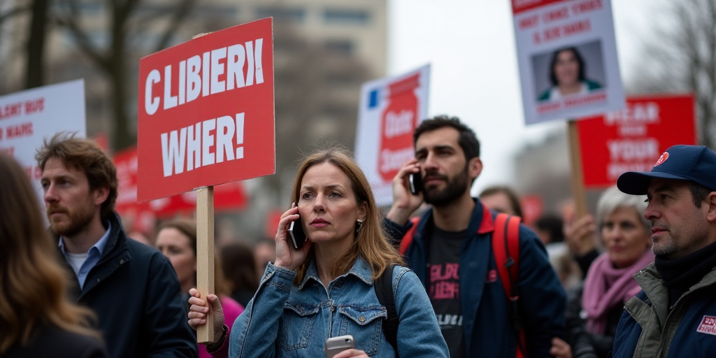 a group of people holding signs and talking on cell phones in a protest for cupe and emergency servi